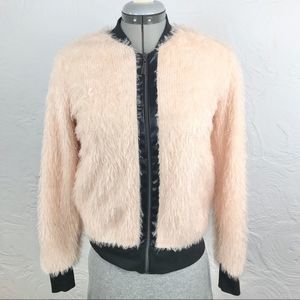 Azna Fuzzy Pale Peach Bomber Faux Leather Jacket